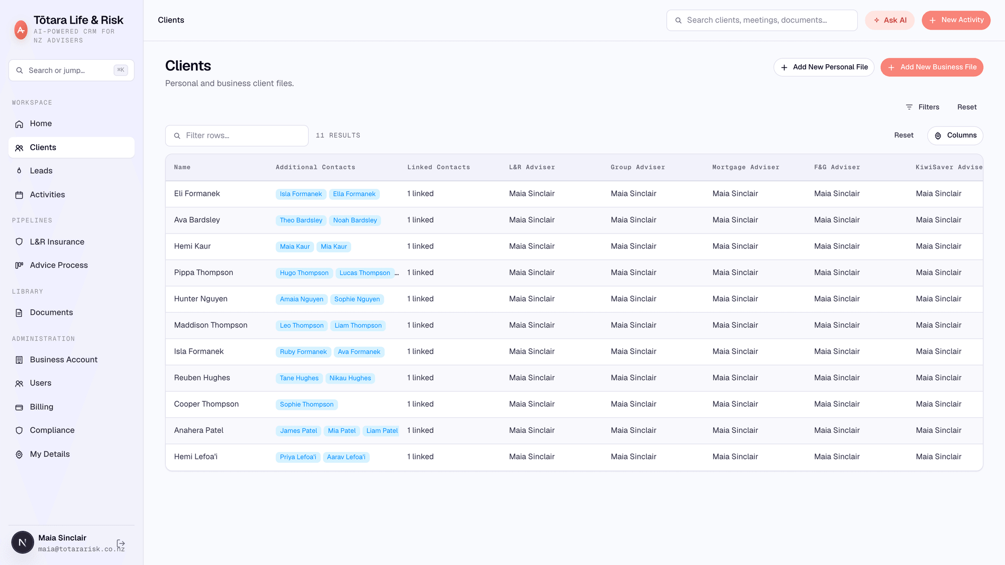 AdviserDesk client grid with per-service-line adviser columns, linked contacts and the whole book on one screen